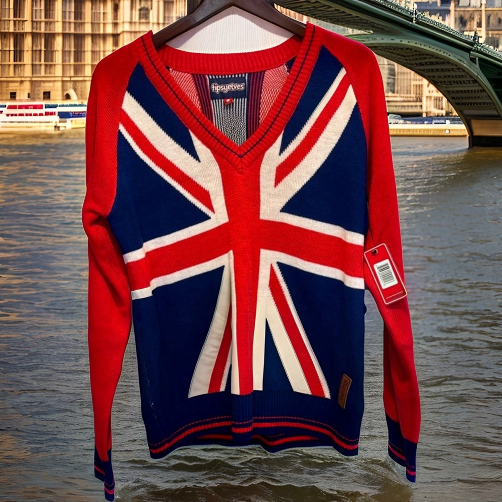 NWT Tipsy Elves British Union Jack UK England Flag Sweater Pullover Medium